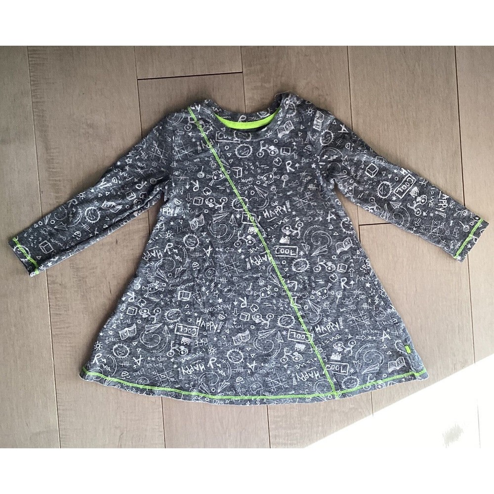 Kind Is Cool Long Sleeved A-line T-shirt Dress Gray w/ Text & Neon Trim Xs 3 4